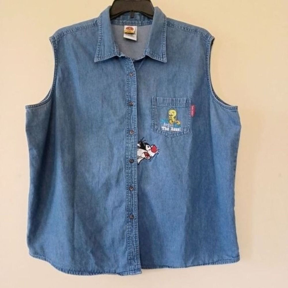 Tweety Sylvester Looney Tunes Denim Shirt Sz 26W Button Down Sleeveless Y2K 90s